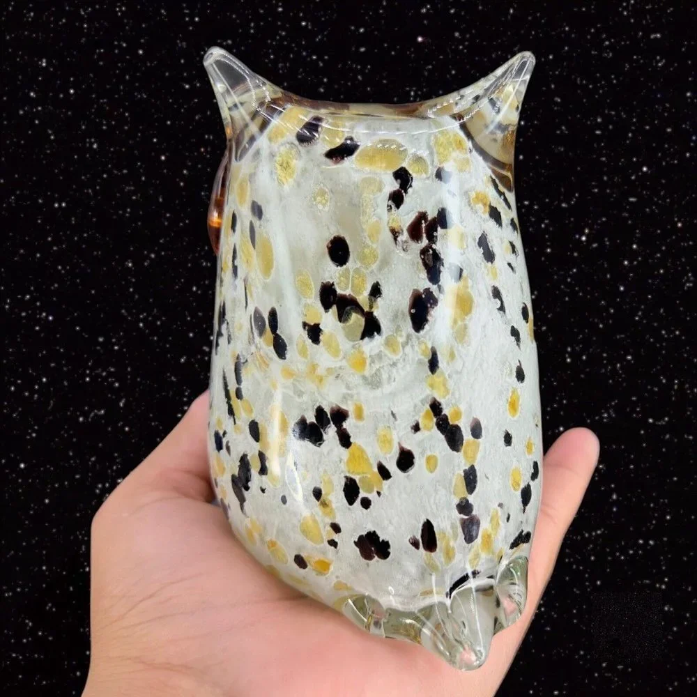 Hollow Owl Bird Art Glass Paperweight Figurine White With‎ Dots Amber Eyes Glass